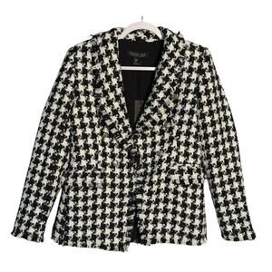 Rachel Zoe NWT Sz S Houndstooth Tweed Blazer‎ Jacket Black&White Fringe Metallic